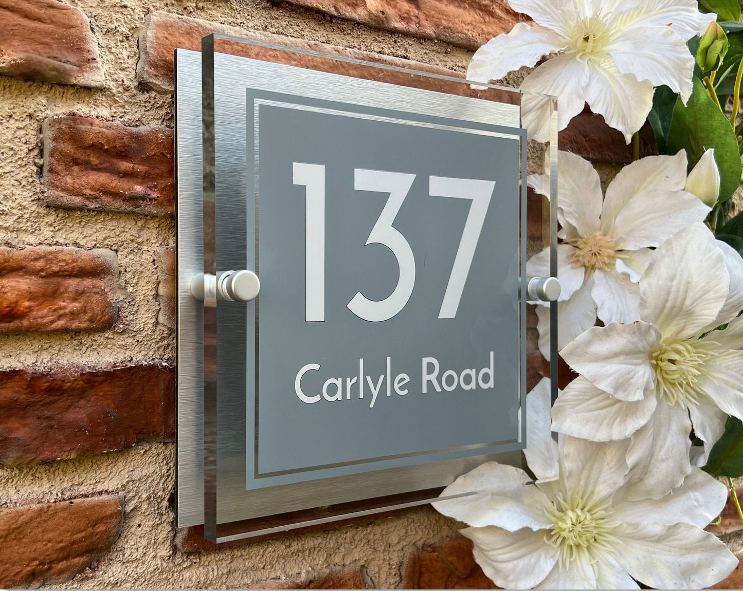 Square Personalised House Number Sign Mid-Grey with Perspex front