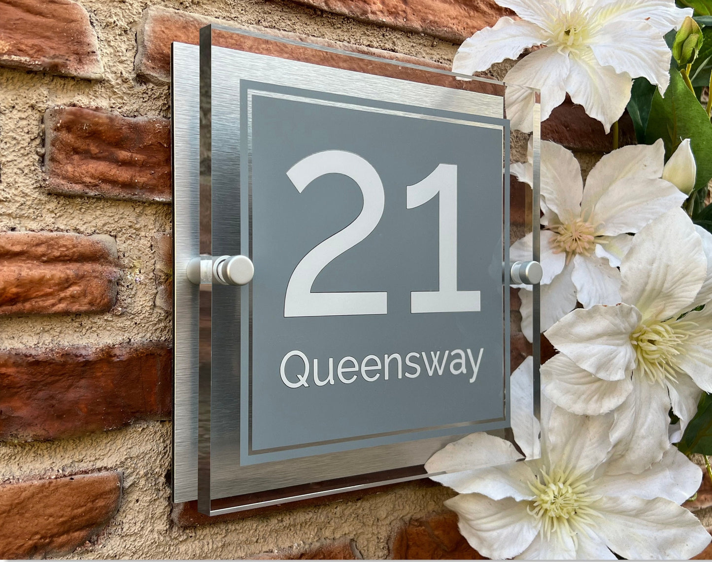 Square Personalised House Number Sign Mid-Grey with Perspex front