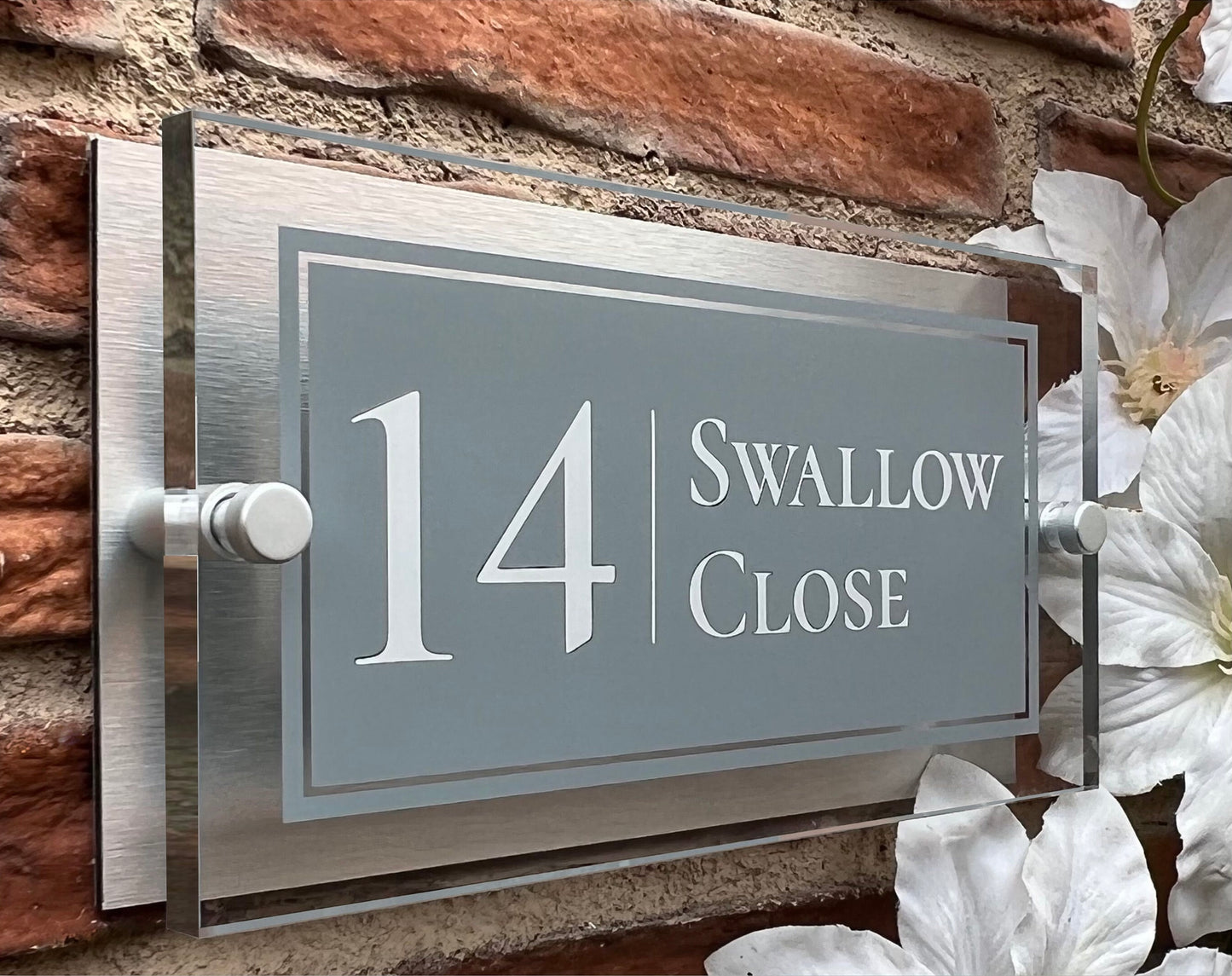 Rectangle Personalised House Number Sign Mid-Grey with Perspex front
