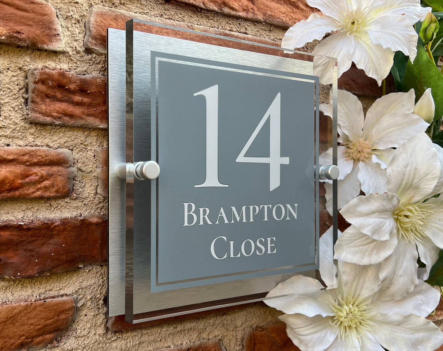 Square Personalised House Number Sign Mid-Grey with Perspex front