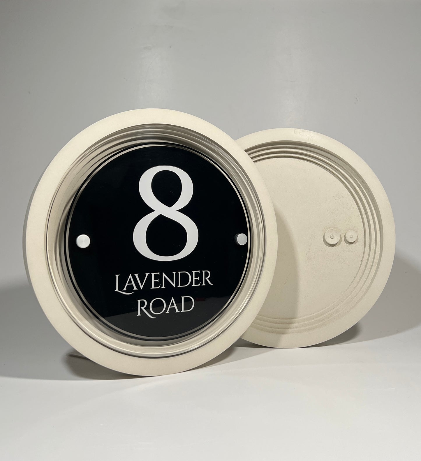 Signature Circulus | Personalised Designer House Sign with Acrylic Front & Portland Stone Coffered Back