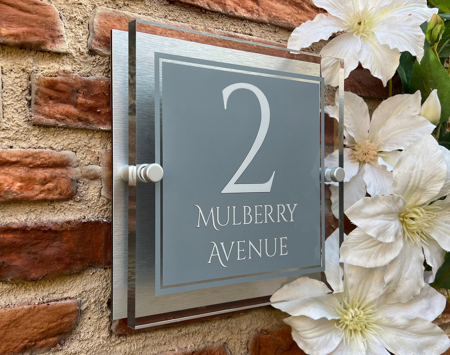 Square Personalised House Number Sign Mid-Grey with Perspex front