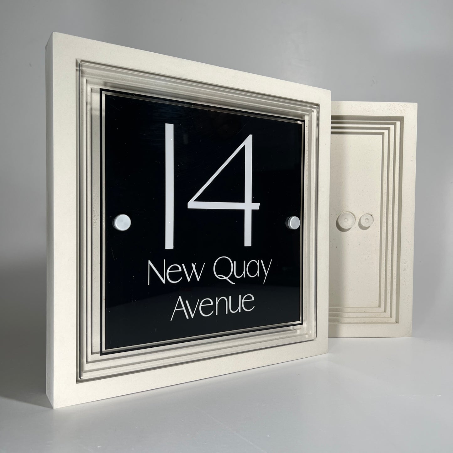 Signature Blocus | Personalised Designer House Sign with Acrylic Front & Portland Stone Coffered Back