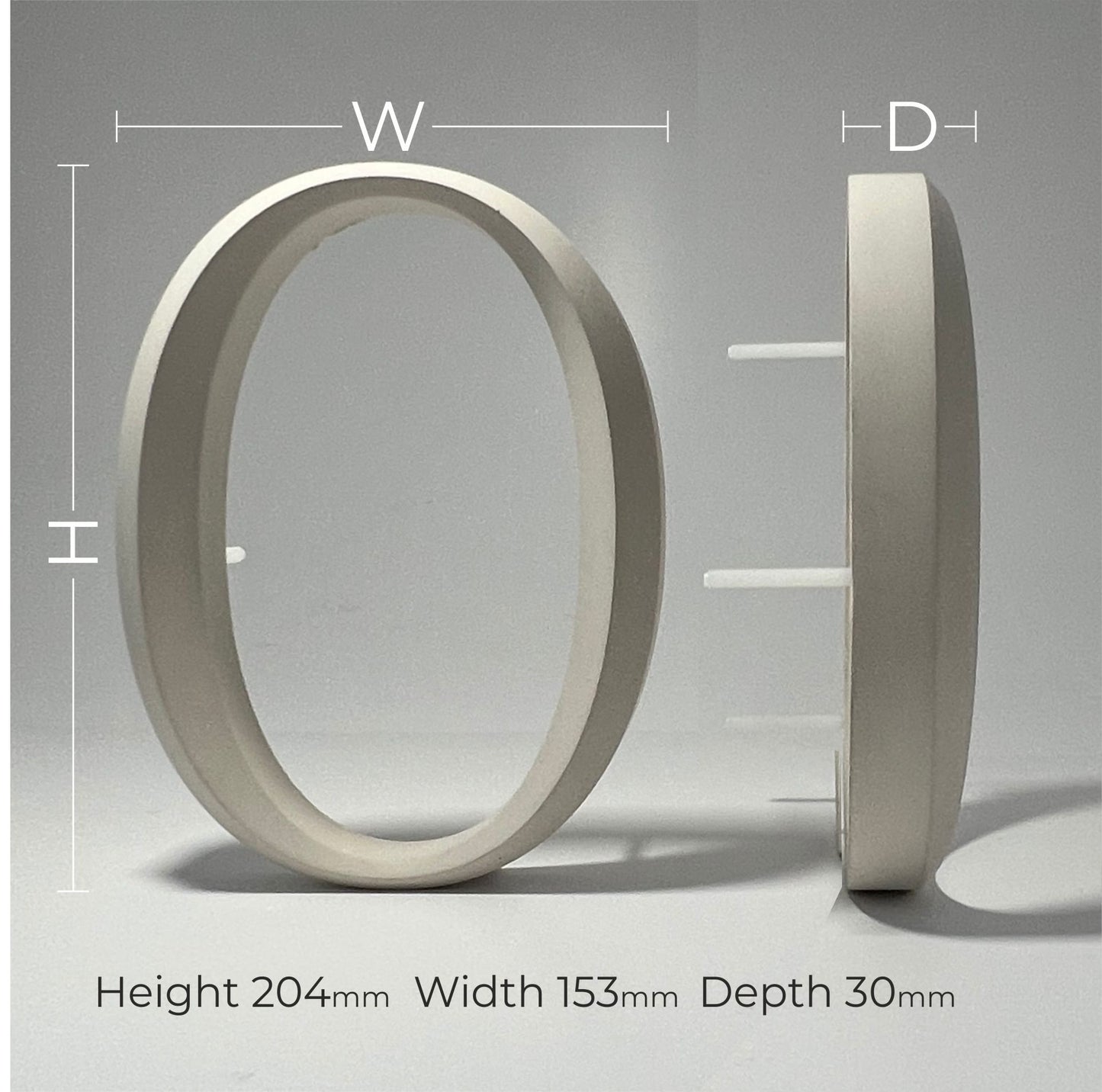 Cast stone house number '0' with a prismatic serif design, shown with detailed dimensions - height 204mm, width 153mm, and depth 30mm. precision-crafted for modern and classical homes.