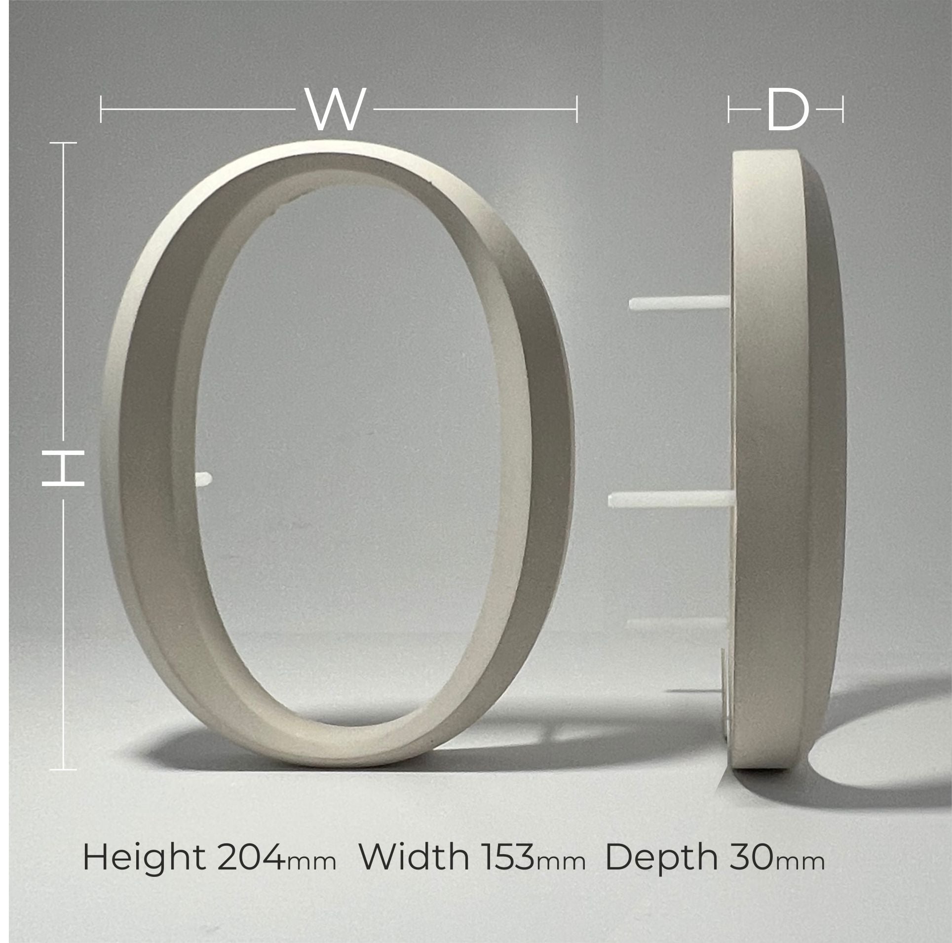 Cast stone house number '0' with a prismatic serif design, shown with detailed dimensions - height 204mm, width 153mm, and depth 30mm. precision-crafted for modern and classical homes.