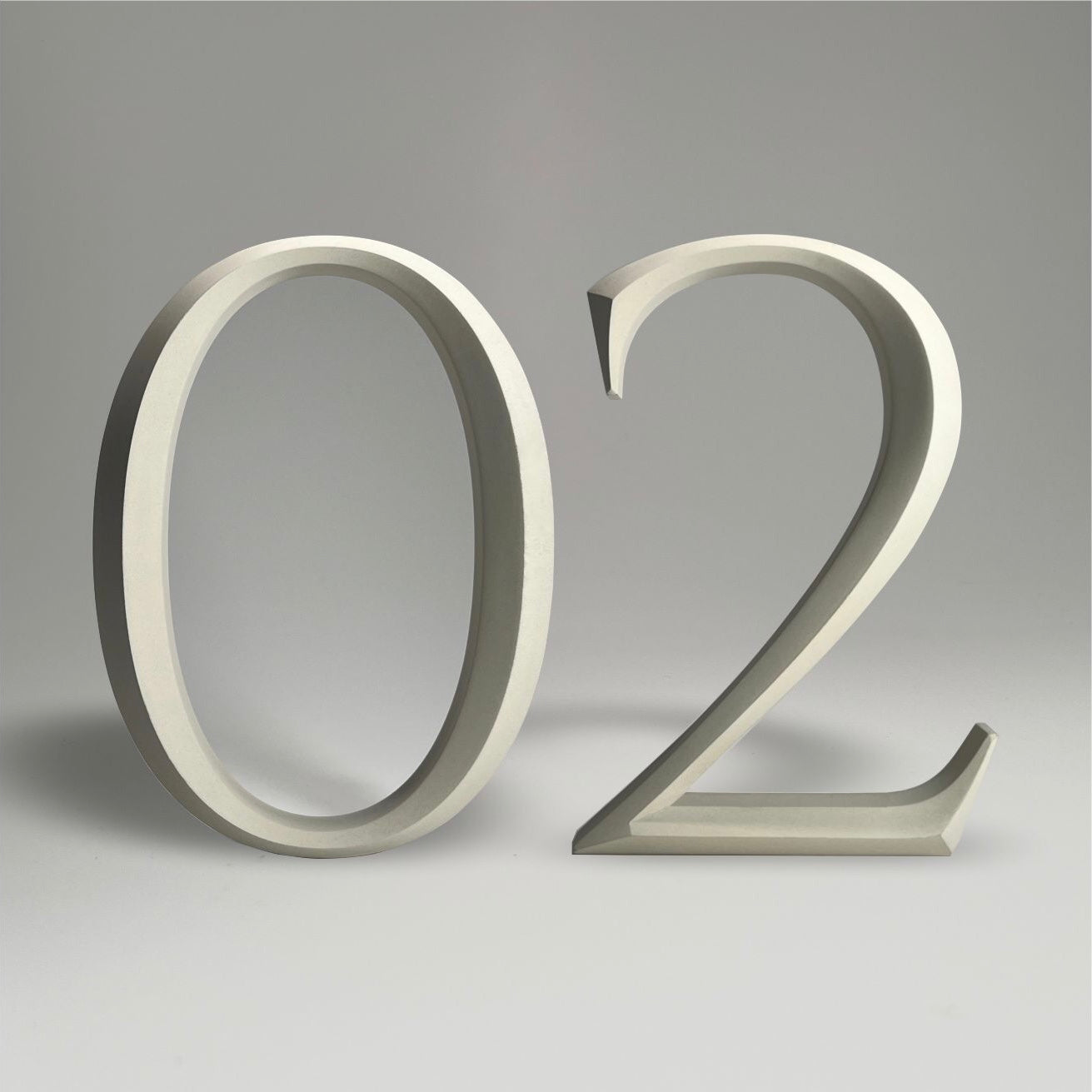 Luxury floating prismatic house number sign ‘02’, ideal for classical houses with timeless appeal.
