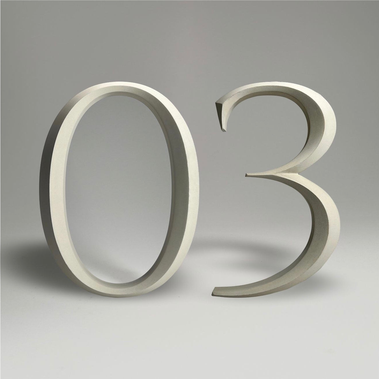 Floating prismatic house number ‘03’, crafted in an elegant design, perfect for modern homes and house signs.