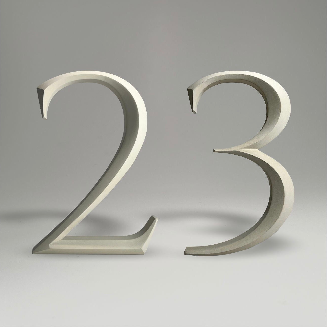 Floating prismatic house number ‘23’, crafted in an elegant design, perfect for modern homes and house signs.