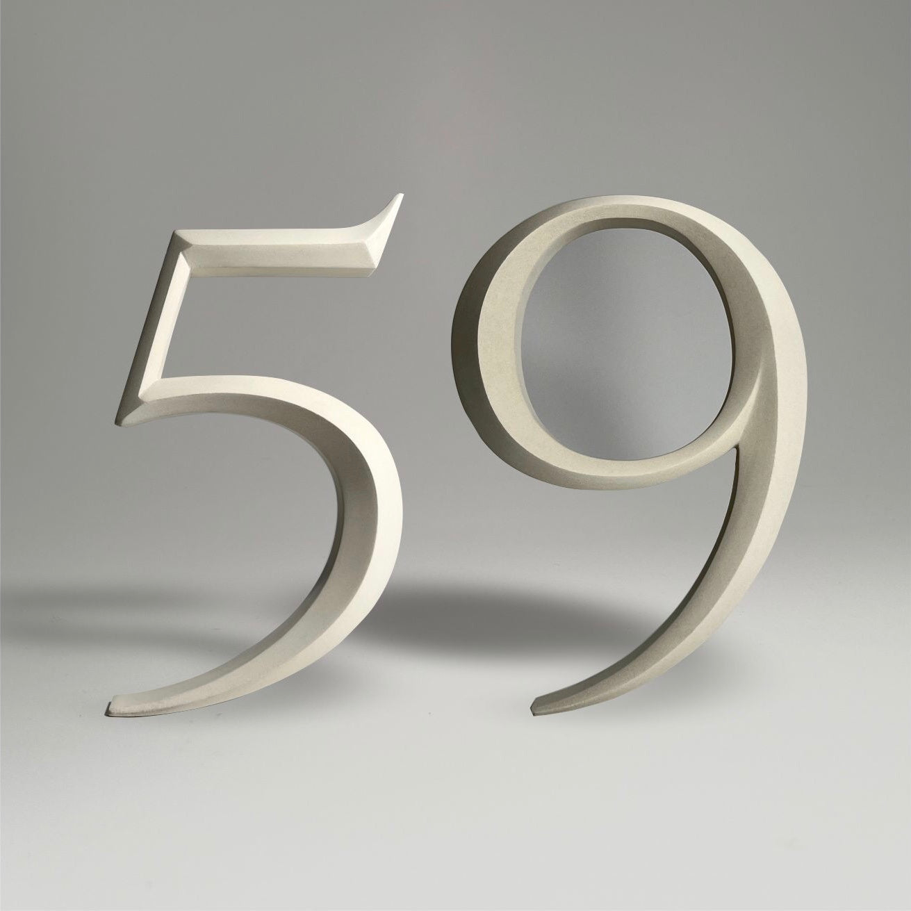 Elegant floating prismatic house number ‘59’, suitable for luxury homes and timeless architectural designs.