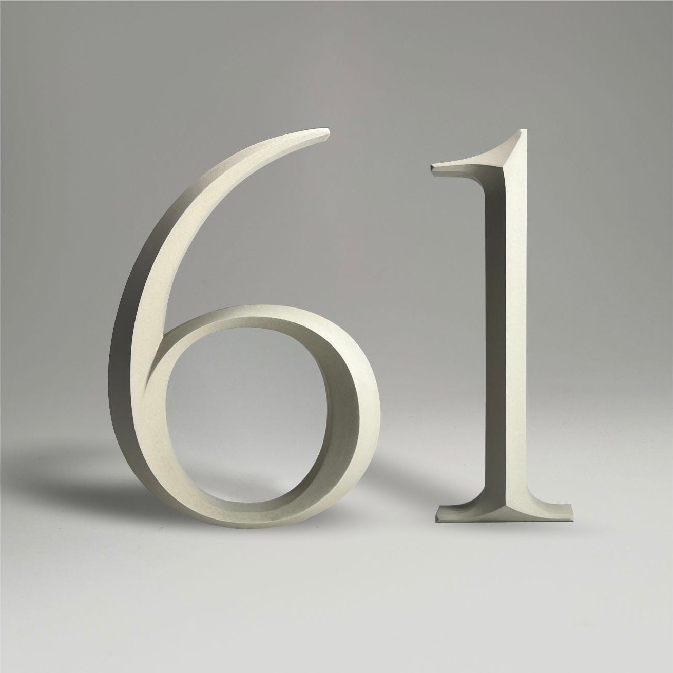 Floating prismatic house number ‘61’ with a sleek design, crafted for elegant homes and modern house signs.