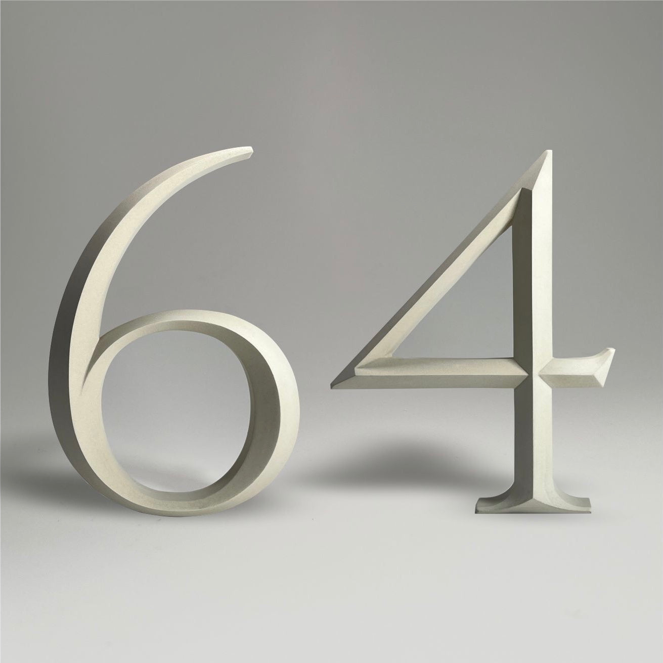 Elegant floating prismatic house number ‘64’, suitable for luxury homes and timeless architectural designs.