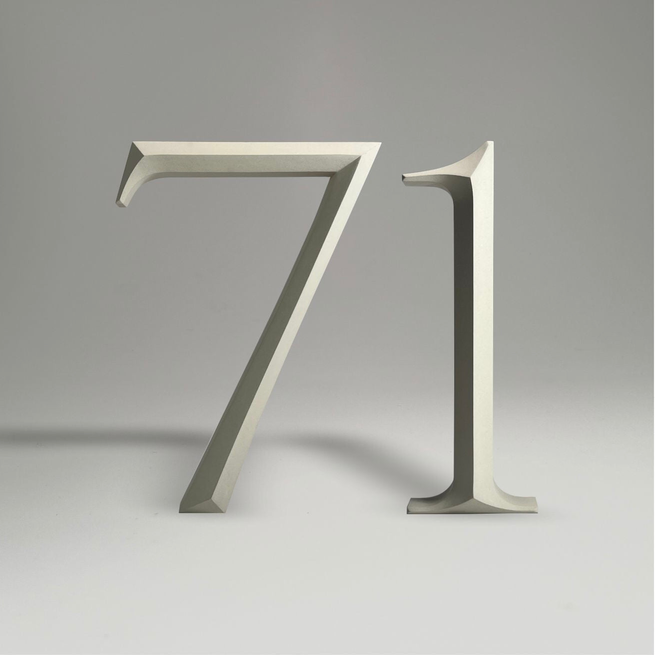 Floating prismatic house number ‘71’ with a sleek design, crafted for elegant homes and modern house signs.