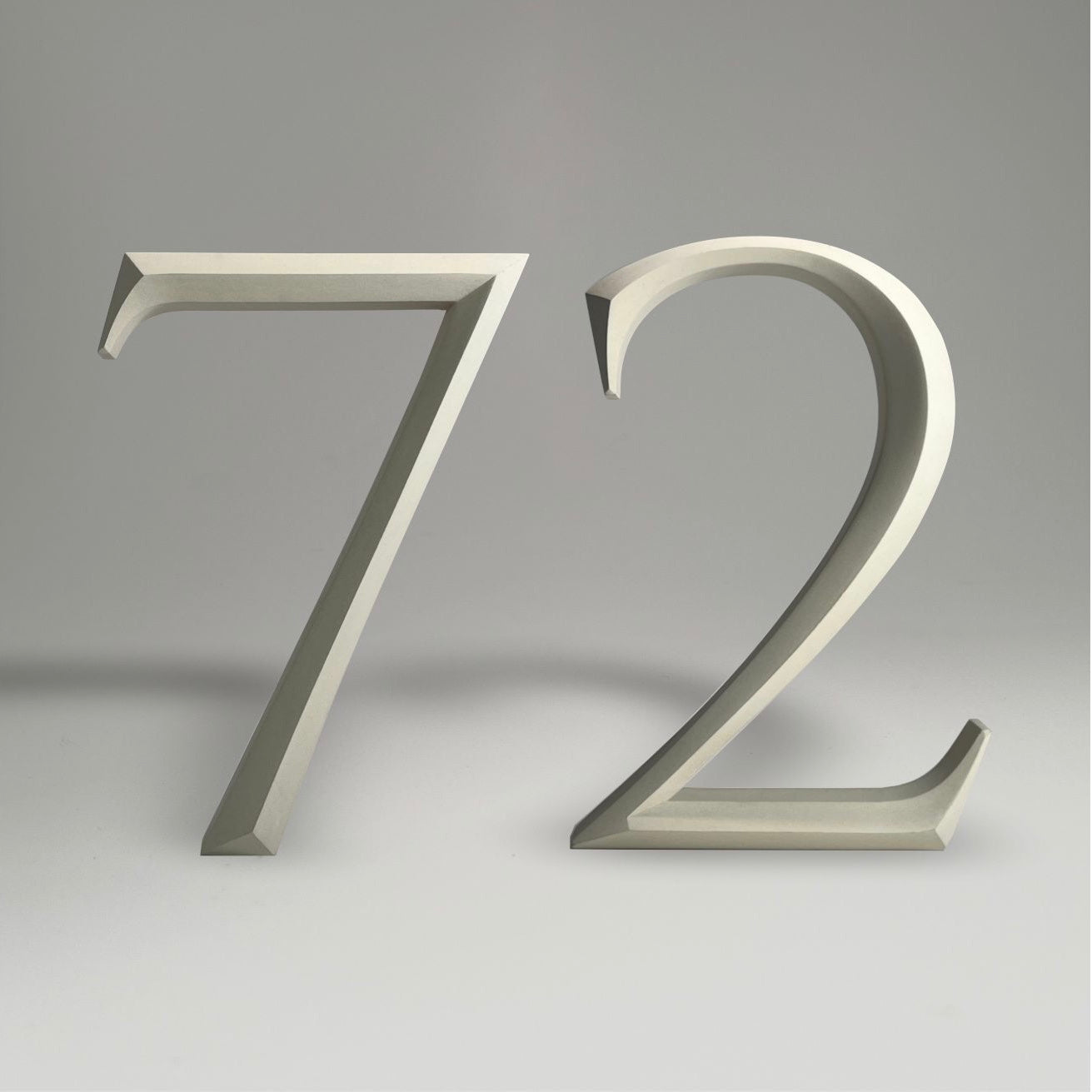 Luxury floating prismatic house number sign ‘72’, ideal for classical houses with timeless appeal.
