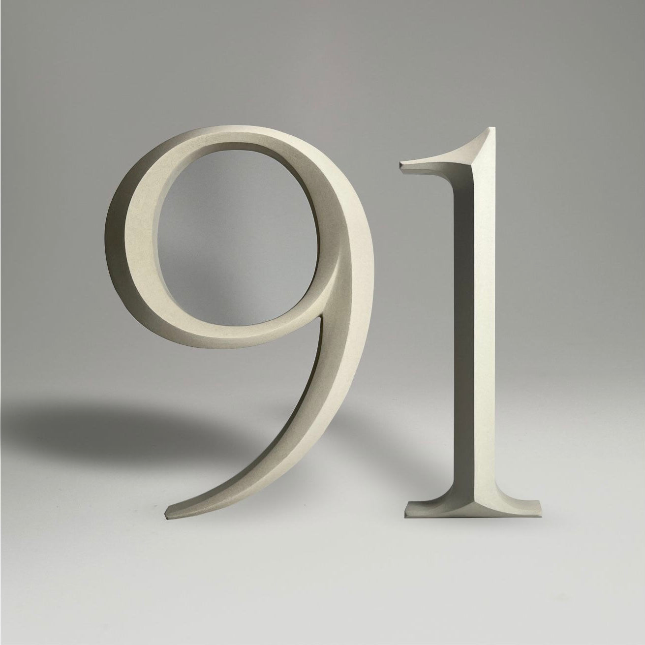Floating prismatic house number ‘91’ with a sleek design, crafted for elegant homes and modern house signs.