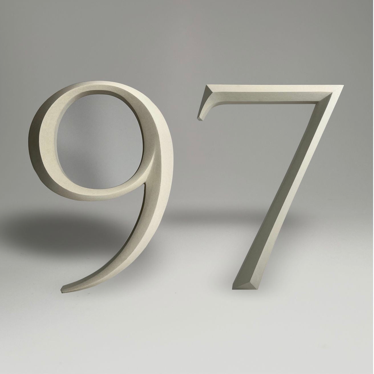 Luxury floating prismatic house number sign ‘97’, ideal for classical houses with timeless appeal.