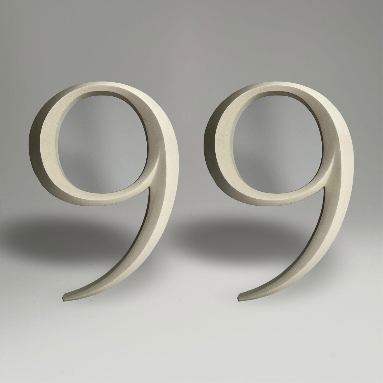 Elegant floating prismatic house number ‘99’, suitable for luxury homes and timeless architectural designs.