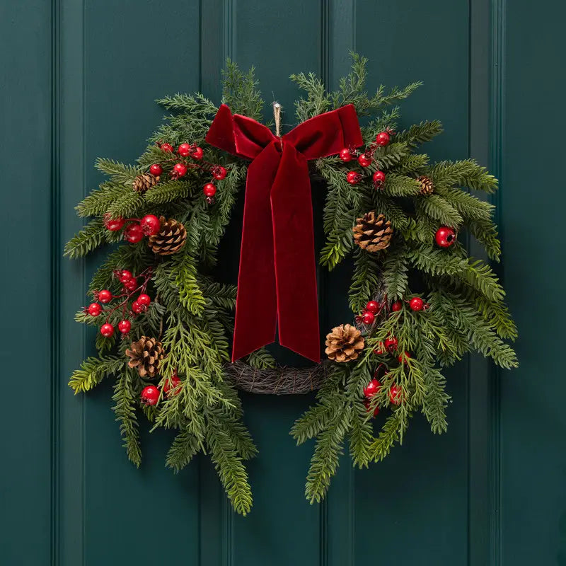 Real Touch Christmas Half Wreath with Red Velvet Bow - 50cm