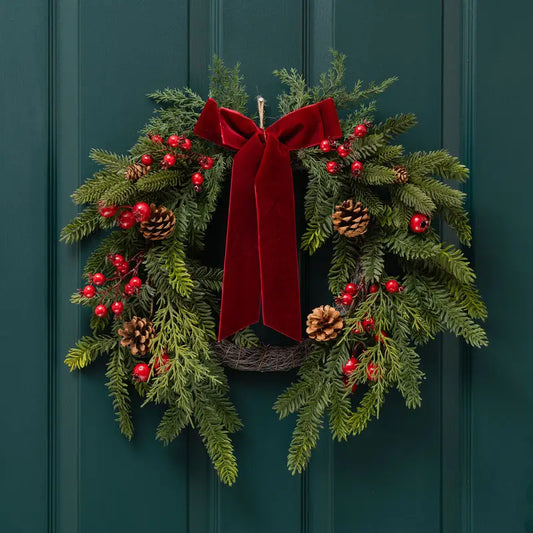 Real Touch Christmas Half Wreath with Red Velvet Bow - 50cm