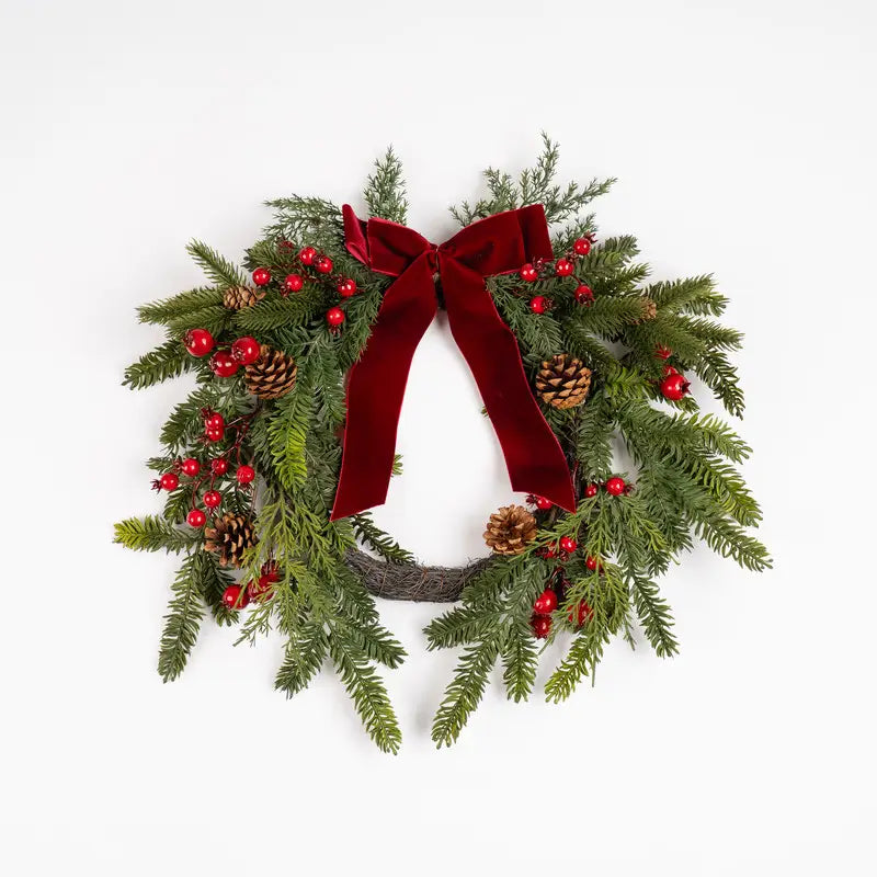 Real Touch Christmas Half Wreath with Red Velvet Bow - 50cm
