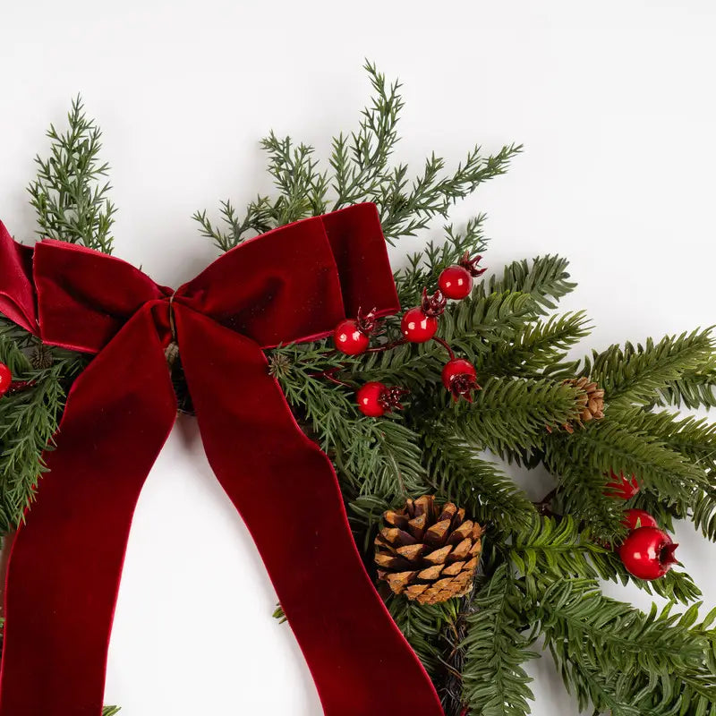 Real Touch Christmas Half Wreath with Red Velvet Bow - 50cm